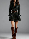 Women's Digital Printed Check-Shirt Dress Waist Pocket