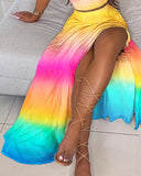 Summer Off Shoulder Ombre Colorblock Sexy Crop Top High Slit Maxi Two Piece Set Women Boho Long Skirt Suits Robe