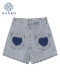 Heart Print Shorts Jeans Women 2022 Summer Sweet Korean Style Fashion High Waist All-Match A-line Denim Shorts