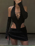 Mall Goth Y2k Bandage Trim Cut Out Black Co-ord Suit Sexy Clubwear Deep V Halter Bodysuits Ruched Mini Skirt 2 Piece