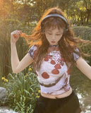 Sweet Wind Collar Bag Sleeve Cherry Cake Blue T-Shirt In Fashion Summer Wood Ear Exposed Umbilical Babes