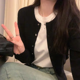 Sense Of Pure Color Round-Neck Cardigan Knitted Blouse Women's Autumn And Winter New Style Retro Short Sweater