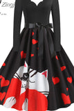 Women Winter Christmas Dress Vintage Santa Printed V-Neck Long Sleeve Swing Sexy Xmas Party Festival Dress