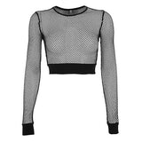 Sexy Mesh Crop Tops Tee Shirt Femme Hollow Out Black Tshirt Women See Trough Long Sleeve Streetwear Fishnet T
