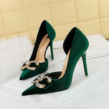 Zingj Banquet High Heels Fine Heel Shallow Mouth Tip Side Hollow Out And Thick Suede Water Diamond Button Bow Single