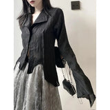Irregular Striped Long Sleeve Button Down Blouse-Outfit