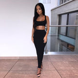 women summer clothes soild color casual crop tank tops long pencil skirt fitness skinny outfit suit two piece 2pc