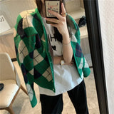 Zingj And Winter New College Temperament Small Knit Coat Female Retro British Wind Diamond Grid V-Neck Sweater Cardigan-Outfit