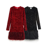 Women's Clothing Spring 2025 New Glit Decorative Feathers Spliced Long-Sleeved Mini