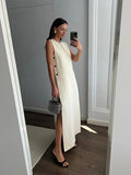 Ring Decor Side Hollow Out Dress O Neck Sleeveless A-line Long Dresses Women 2024 Chic Female Leisure Vacation