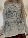 Women Y2K Grunge Fairy Tops Fashion Halloween Long Sleeve Off Shoulder Skull Print Casual Street Party Fall