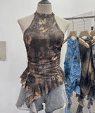 Trend Irregular Hanging Neck Dyeing Net Yarn Vest Lotus Side Ribbon Short Sleeveless Top