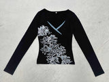 Plant Floral Print V-Neck T-Shirt 2025 Autumn Knitted Jersey New