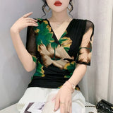 Women Half Sleeve Print Mesh T Shirts Lady Elegant Elastic Crossed V Neck Floral Tops Tees Female Fashion