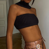 Sexy Knitted Crop Top Women Fashion Halter Strapless Sleeveless Backless Tank Tops Female Elegant Knitwear Cropped