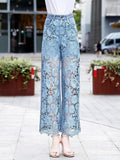 Summer New Slim And Versatile Hollow Out Lace Stitching Denim Pants Women High Waist Wide Leg Pants Female Casual