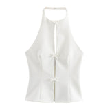 New Hanging Neck Bows Decorated Solid Color Top