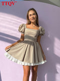 Sexy Squar Collar Elegant Dresses For Women Summer Green Short Sleeve Office Mini Dress Fashion Spliced Female