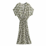Queens Women Floral Print Bat Sleeve Beach Bohemian Dresses Kimono Ladies V Neck Sashes Boho Maxi Dress