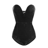 Burgundy Strapless Velvet Sexy Bodysuit Women Sweetheart Bodycon Backless Lace Up Body V Neck Party Club