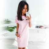 Short Sleeve Solid Party Dress Loose Straight Fashion Pockets Elegant Feminina Vestidos Casual Vintage Women Summer