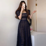 Elegant Square Collar Women Lace Dress Sweet Hollow Out Slim Puff Sleeve Midi Long Dress 2022 Spring High Waist Party