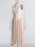 French Elegant Style Sleeveless Collar Dress 2025 New Splicing Folding Design Slimming Long