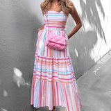 Spot 2025 Summer New Women's Fashion Temperament In The Long Striped Slip