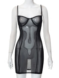 Mesh Sheer See Through Sexy Women Dresses Black Party Clubwear Summer 2023 Sleeveless Strap V-neck Slim Dress