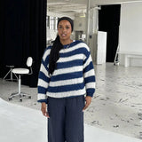 Knit Striped Off-shoulder Sweater-Outfit