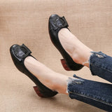 2021 Genuine Leather Square Toe Pumps Women Shoes Low Heel Shallow Round Buckle Slip-On Leather Casual Shoes For