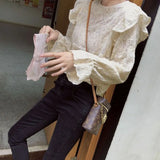 Women Apricot Newly Lace Ins Sweet Fashion Design Spring Flare Sleeve BF Lovely O-Neck Classy Female Solid Slim