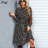 PETAL Speckled Print A-Line Midi Dress For Woman Sexy High Neck Long Sleeve Party Dress 2023 Spring Autumn Female