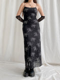 Gothic Grunge Floral Print Slip Mesh Dress Long Ladies Fashion Chic Y2K Double Layer Sexy Maxi Dresses 90s