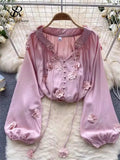 Senior Embroider Loose Blouse Lace Up Bow V Neck Single Breasted Cardigan Long Puff Sleeves Women Gentle Solid