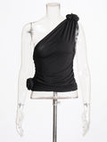 Contracted Wind 2025 Autumn New Unilateral Shoulder Belt Design Three-Dimensional Flower Pure Color Pleated Female Slim