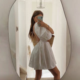 Women Summer Dress Summer Fashion White Elegant Puff Sleeve Backless Party Beach Dress Vacation Casual Mini