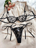 Heart-Shaped Embroidery Mesh Tie Up Lingerie Set-Outfit