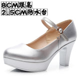 Head Buckle Waterproof Table 8CM High Heel Women's Shoes Thick-Soled Model Show Shoes Coarse Heel Work Shoes Silver Single