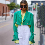 Women Blazer V Neck Long Sleeve Cropped Blazer Autumn Chic Button Lace Up Turn-down Collar