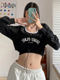 Retro Graffiti Print Letter T Shirt Women Long Sleeve Two Piece Tops Halter Tank+ Pullovers Grunge Aesthetic Tee