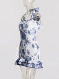 2025 Spring New Fashion Temperament Printing Design Wood Ear High-End Sense Short Hanging Neck Dress