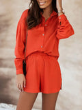 Women Lapel Buttoned Shirts + Pocket Shorts Suits Office Lady Two Piece Sets Retro Pattern Printed Long Sleeve