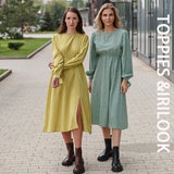 2021 Women Dress Casual Polka Dot Print Long Sleeve Mid Dress Vintage O Neck A-Line Party