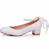 3 Cm Square-Head Single Shoe With A Single Shoe Buckle Mary Jane White Shoes Beads Ribbon Wedding
