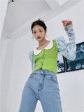 Puff Sleeve Peter Pan Collar Crop Blouse Floral Long Sleeve Korean Knitted Top High Fashion Designer Patchwork