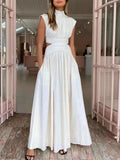 fashion solid color women's dress new half high collar hollow waist sleeveless mid-calf dresses femalke summer 2023