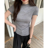 White T-Shirt With A Slim Round Collar And Short Sleeves Is A New Style Of Foreign-Style Pleated Waist Blouse For Women In Spring And