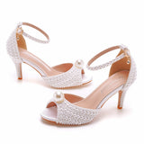 Cm Pearl Fish Mouth High Heel Sandals Shallow Buckle With Large-Size Round-Head High Heel White Ribbon Wedding