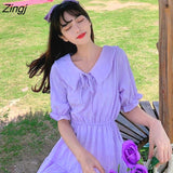 Puff Sleeve Dress Women Peter Pan Collar Calf-length Elegant Solid Pleated Korean Sweet Girls Female Stylish Purple
